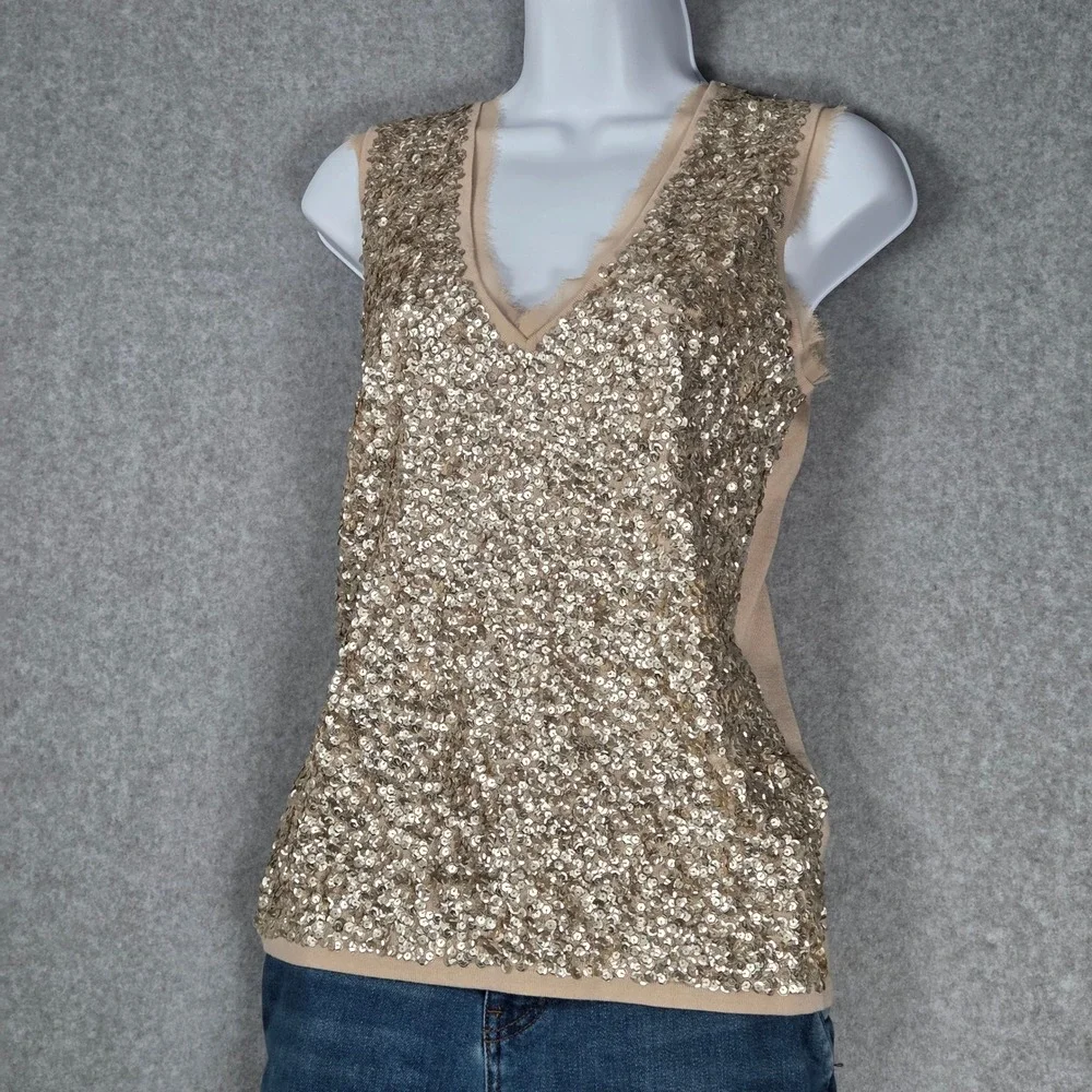 J.Crew Women Medium Sequin Merino Wool V Neck Sleeveless Top Tan Y2K 2008 Tank